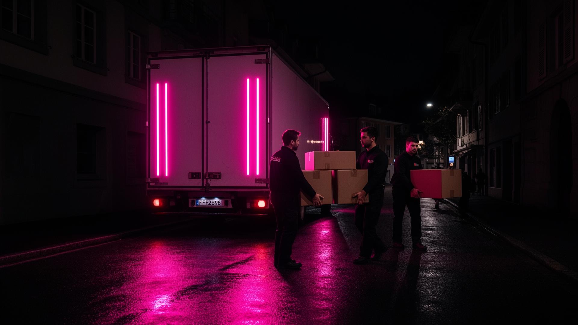 Équipe de déménagement en action devant un camion de livraison
