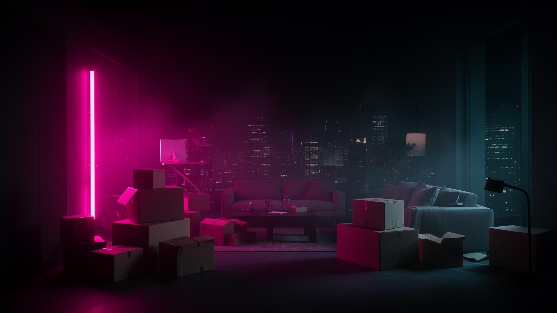 Cartons de déménagement éclairés au néon fuchsia